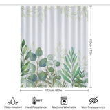 Image of the Natural Modern Ombre Sage Green White Leaf Shower Curtain-Cottoncat by Cotton Cat, perfect for natural modern bathroom decor. The curtain measures 183cm x 152cm. Icons below indicate it is water-resistant, heat-resistant, non-transparent, and machine washable.