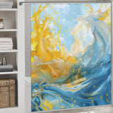 A bathroom features a Cotton Cat Abstract Yellow and Blue Wave Ocean Watercolor Shower Curtain-Cottoncat displaying a vibrant, colorful pattern of blue, yellow, and white swirls. Next to it are pristine white shelves holding neatly folded towels and wicker baskets.