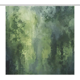 A beautiful Olive Green Emerald Green Plant Patterns Abstract Shower Curtain-Cottoncat from Cotton Cat, featuring olive green and blue watercolor-like designs of a forest, hung from hooks on a shower rod.