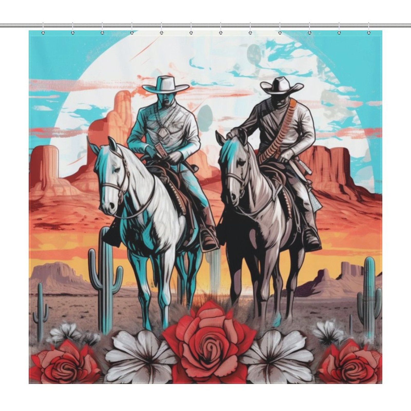 Two cowboys riding horses in a desert landscape with cacti and rock formations, set against a colorful background with large flowers at the bottom. One cowboy wears blue, the other grey. This Cowboy Riding Horses Western Shower Curtain-Cottoncat by Cotton Cat perfectly captures the essence of a Western-themed bathroom.