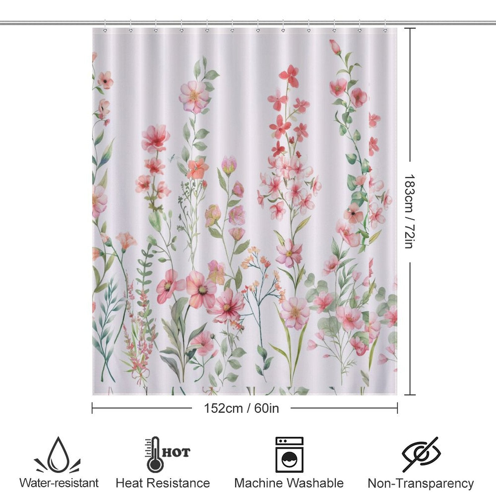 A 152 cm by 183 cm Rustic Spring Blossom Pink Floral Shower Curtain-Cottoncat with a charming design, perfect for adding a touch of pink floral bathroom decor. It is water-resistant, heat-resistant, machine washable, and non-transparent.