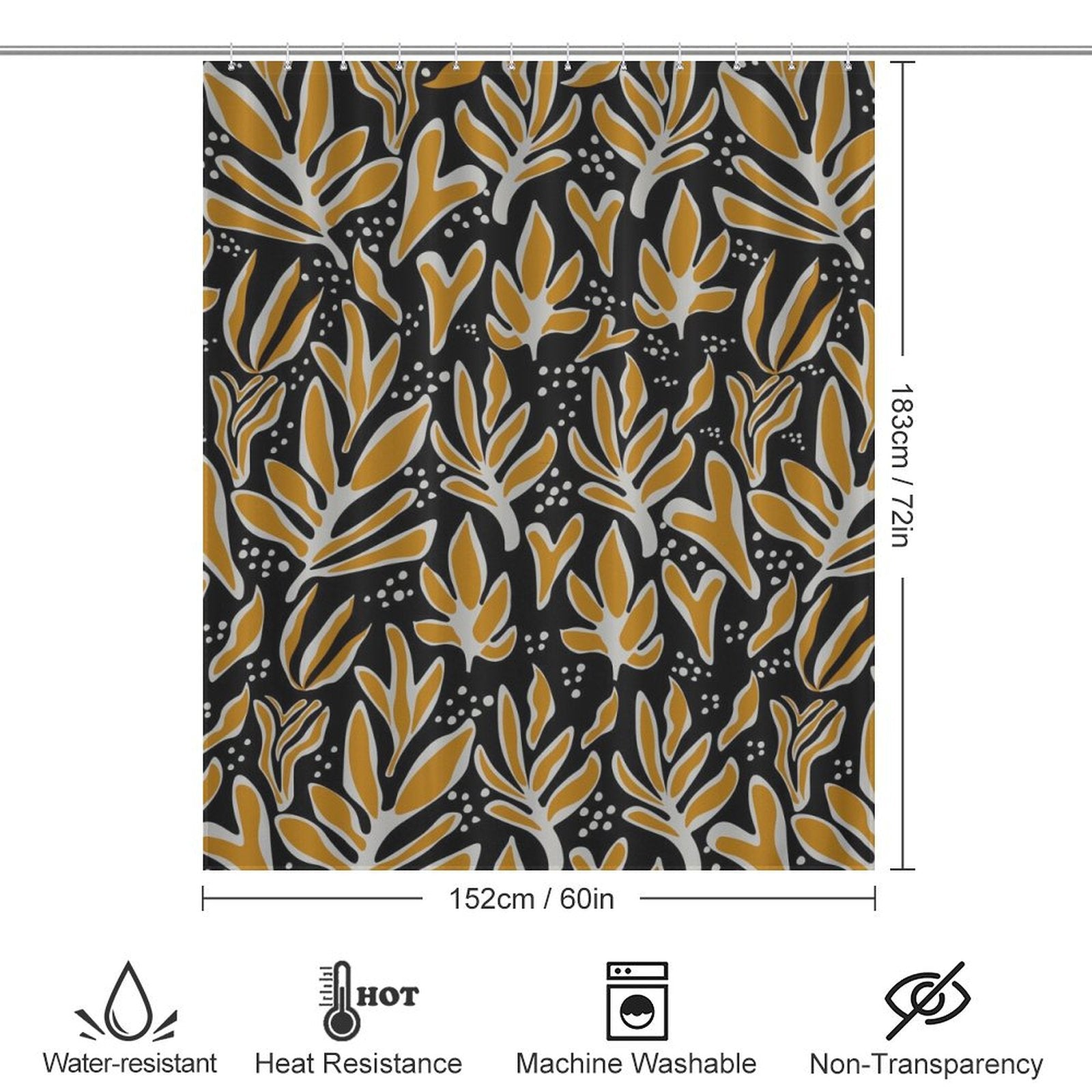 The Cotton Cat Abstract Vintage Boho Yellow Leaves Art Mid Century Leaf Shower Curtain-Cottoncat features a yellow and white mid-century leaf pattern on a dark background, measuring 183 cm by 152 cm. It is water-resistant, heat resistant, machine washable, and non-transparent.