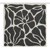 A Cotton Cat Vintage Boho Flower Black and Grey Art 70s Black Floral Mid Century Abstract Shower Curtain-Cottoncat featuring an abstract black and white floral design with large, irregular petal-like shapes, reminiscent of Mid Century Abstract art.