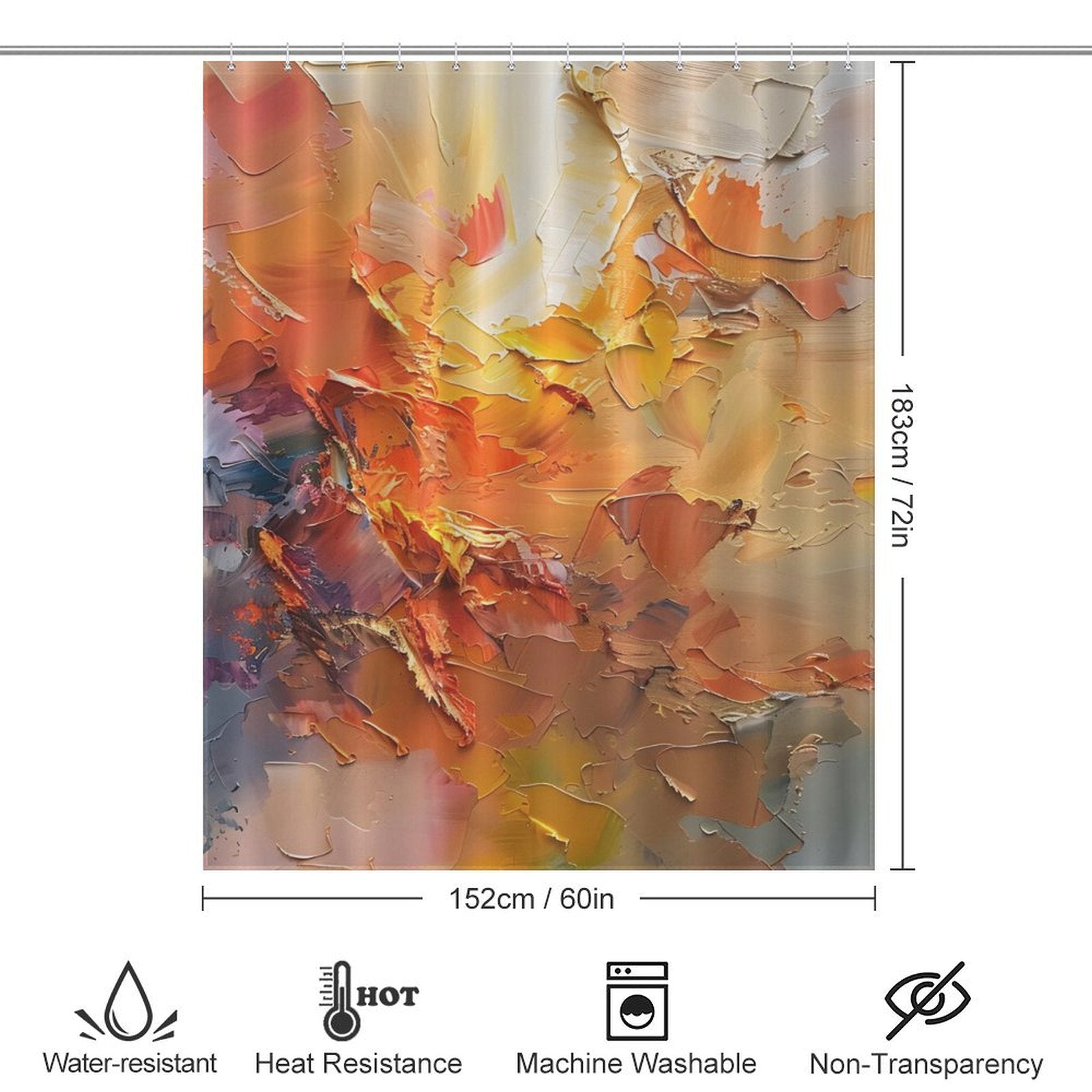 A Cotton Cat Burnt Orange Abstract Oil Painting Modern Art Yellow Blue Brushstrokes Shower Curtain-Cottoncat depicting abstract art with swirling red, burnt orange, and yellow hues. The curtain is 183 cm by 152 cm, water-resistant, heat resistant, machine washable, and non-transparent.