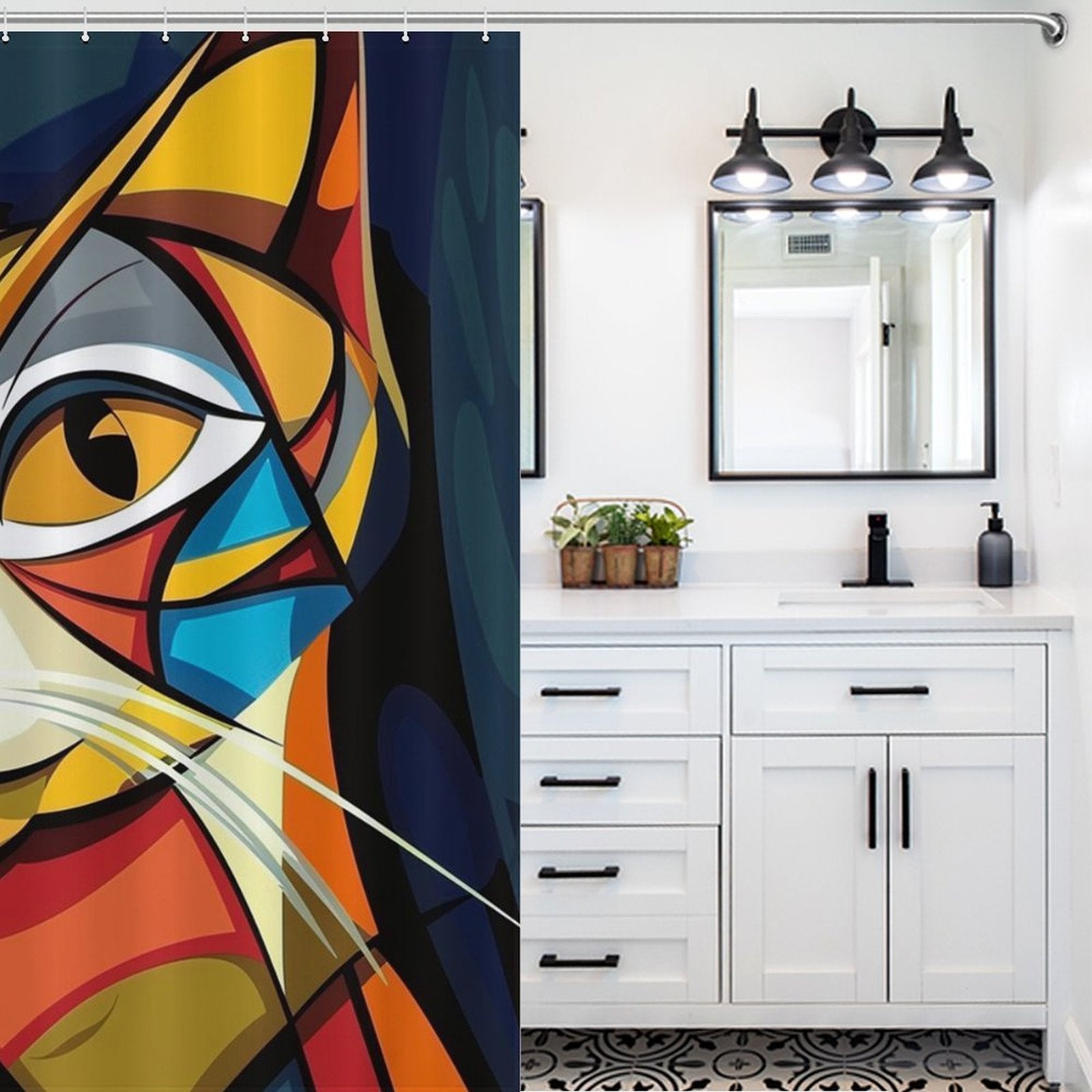 A bathroom with a white vanity, black hardware, a wall mirror with three light fixtures, and an Abstract Geometric Vintage Colorful Modern Art Minimalist Mid Century Cat Shower Curtain-Cottoncat by Cotton Cat.