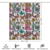 A Boots Cactus Bull Skull Sunflower Rustic Vintage Farmhouse Western Shower Curtain-Cottoncat with a colorful cowgirl and desert-themed pattern, featuring cacti, cowboy hats, boots, and skulls. Icons indicate it’s water-resistant, heat resistant, machine washable, and non-transparent—perfect for adding a touch of rustic farmhouse decor to any bathroom.