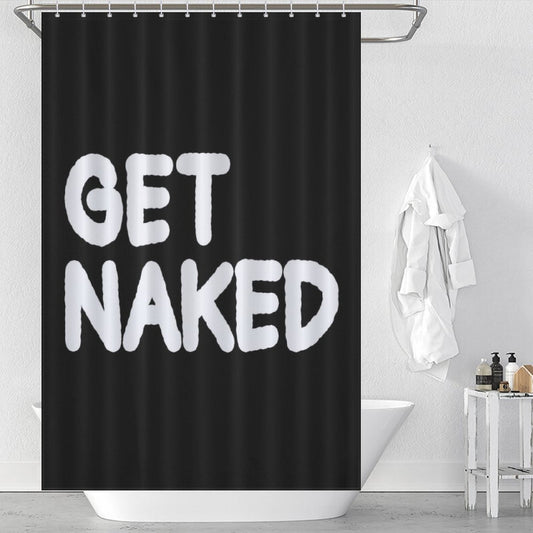A Cotton Cat Funny Black and White Letters Get Naked Shower Curtain with the words "GET NAKED" in large, white, bubble-like letters, mounted on a rod above a white bathtub. A white towel and toiletries are visible beside the tub, adding a touch of playful bathroom decor.