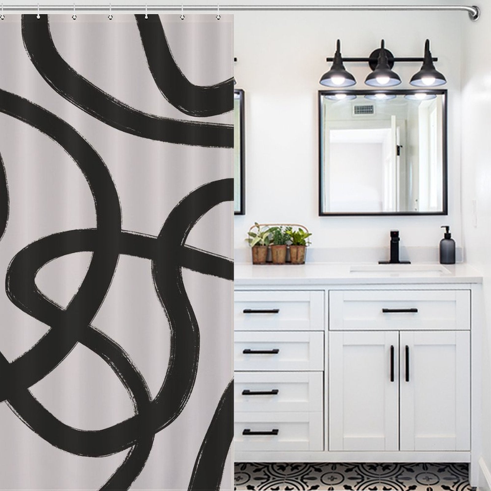 A modern bathroom with white cabinets, black hardware, a black and white patterned floor, and a large mirror. The Modern Geometric Art Minimalist Curve Black Line Black and Grey Abstract Shower Curtain-Cottoncat by Cotton Cat features minimalist black curve lines on a light gray background.