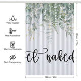 A "Get Naked Funny Letters Eucalyptus Leaves Print Shower Curtain-Cottoncat" adorned with a green eucalyptus leaves print at the top. This bathroom decor piece features water resistance, heat resistance, machine washability, and non-transparency.