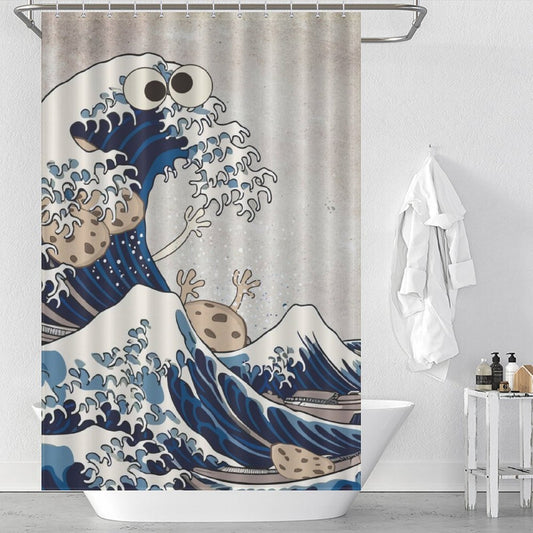 A bathroom showcases a shower curtain with a playful design featuring a Funny Wave Monster Eating Cookies Shower Curtain-Cottoncat, complete with eyes and animated details, reminiscent of "The Great Wave off Kanagawa" painting. Adding to the charming bathroom decor, a white towel hangs nearby by Cotton Cat.