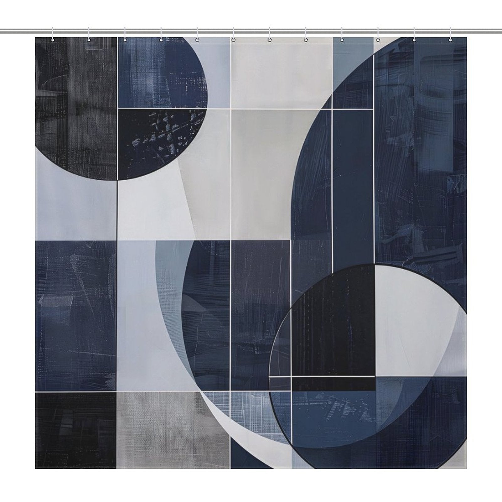 A Cotton Cat Geometric Deep Blue Abstract Art Mid-Century Modern Style Shower Curtain-Cottoncat, featuring intersecting rectangles and circles that evoke a mid-century modern aesthetic.