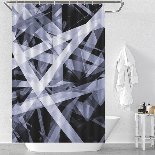 The bathroom showcases a Geometric Black and White Abstract Art Minimalist Line Shower Curtain-Cottoncat by Cotton Cat. A white towel hangs on the wall, complementing the Geometric Black and White Abstract Art Minimalist Line Shower Curtain-Cottoncat, while various toiletries are neatly arranged on a nearby metal rack in this black and white bathroom decor.