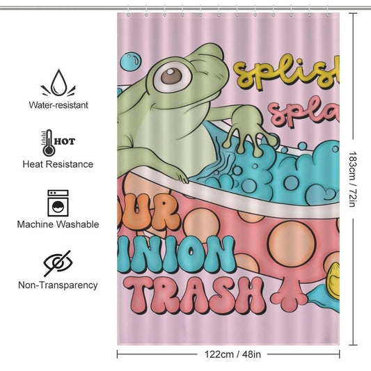 Funny Humor Sarcastic Froggy Shower Curtain-Cottoncat featuring a frog in a bathtub with the text "Splish Splash Your Opinion is Trash." This humorous bathroom decor by Cotton Cat measures 183 cm x 122 cm, is water-resistant, heat-resistant, machine washable, and non-transparent.