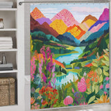 A bathroom with a vibrant, colorful **Nature Forest Lake Watercolor Art Painting Landscape Colorful Green Mountain Abstact Shower Curtain-Cottoncat** by **Cotton Cat** featuring a scenic Green Mountain landscape with a river and various flowers in the foreground, resembling an exquisite watercolor art painting.