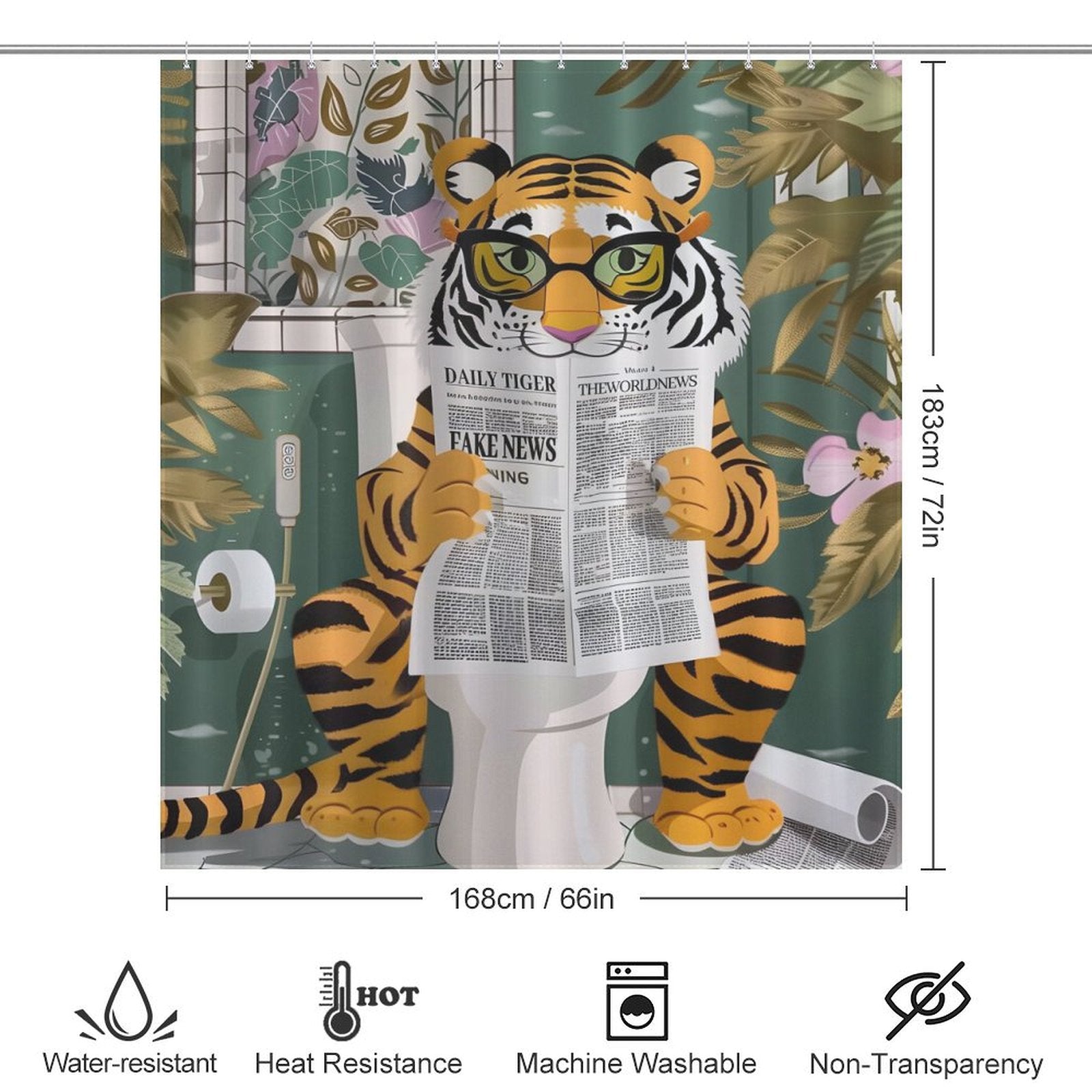 A cartoon tiger wearing glasses sits on a toilet, reading a newspaper with headlines about fake news. The shower curtain, made of waterproof fabric and heat-resistant, features a jungle backdrop. This humorous bathroom decor is both machine washable and practical: the Funny Cool Tiger Reading Shower Curtain-Cottoncat by Cotton Cat.
