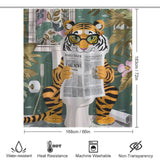 A cartoon tiger wearing glasses sits on a toilet, reading a newspaper with headlines about fake news. The shower curtain, made of waterproof fabric and heat-resistant, features a jungle backdrop. This humorous bathroom decor is both machine washable and practical: the Funny Cool Tiger Reading Shower Curtain-Cottoncat by Cotton Cat.