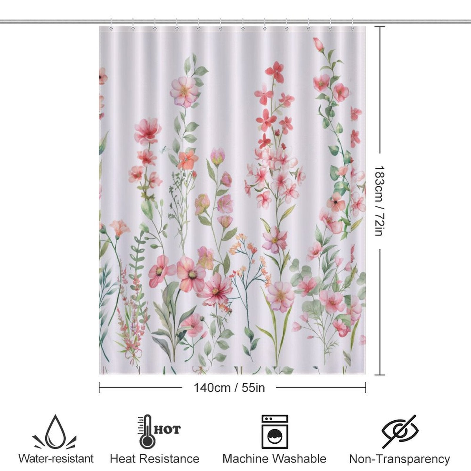 Cotton Cat Rustic Spring Blossom Pink Floral Shower Curtain-Cottoncat with a floral design, dimensions 183cm x 140cm (72in x 55in). Features include water resistance, heat resistance, machine washability, and non-transparency. Perfect as Pink Floral Bathroom Decor to bring a touch of spring blossom to your space.