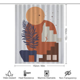 A Cotton Cat Boho Abstract Geometric Modern Art Leaves Sun Arch Minimalist Simple Mid Century Shower Curtain. The dimensions are 152 cm by 183 cm. Features include water-resistance, heat resistance, machine washability, and non-transparency.