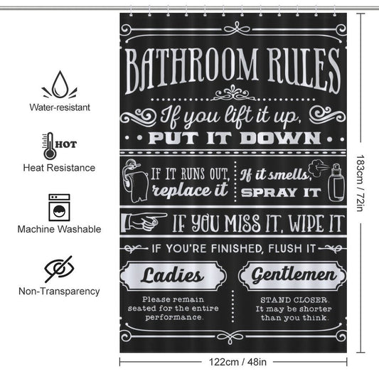 A black bathroom curtain with white text lists humorous bathroom rules, such as "put it down," "replace it," "spray it," and more specific instructions for ladies and gentlemen. This Funny Quotes Shower Curtain Back and White Fable Motto - Cottoncat is both waterproof and mildew-resistant.