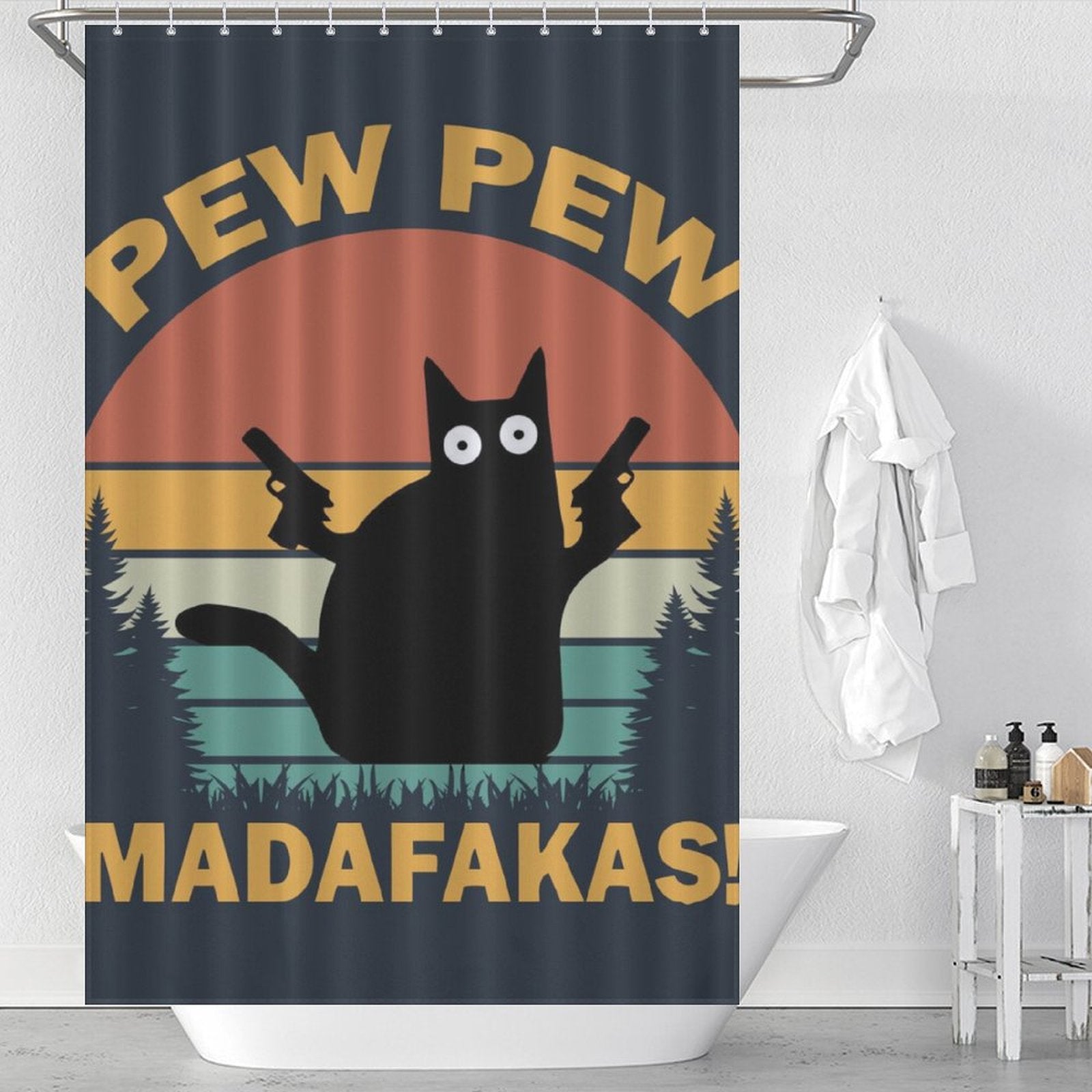 A bathroom adorned with a Cotton Cat shower curtain showcasing a funny black crazy cat holding two guns, with the text "PEW PEW MADAFKAS!" set against a retro sunset background. This unique piece of bathroom decor is sure to add a playful touch to your space.