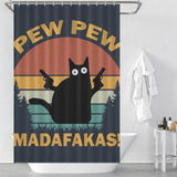 A bathroom adorned with a Cotton Cat shower curtain showcasing a funny black crazy cat holding two guns, with the text "PEW PEW MADAFKAS!" set against a retro sunset background. This unique piece of bathroom decor is sure to add a playful touch to your space.