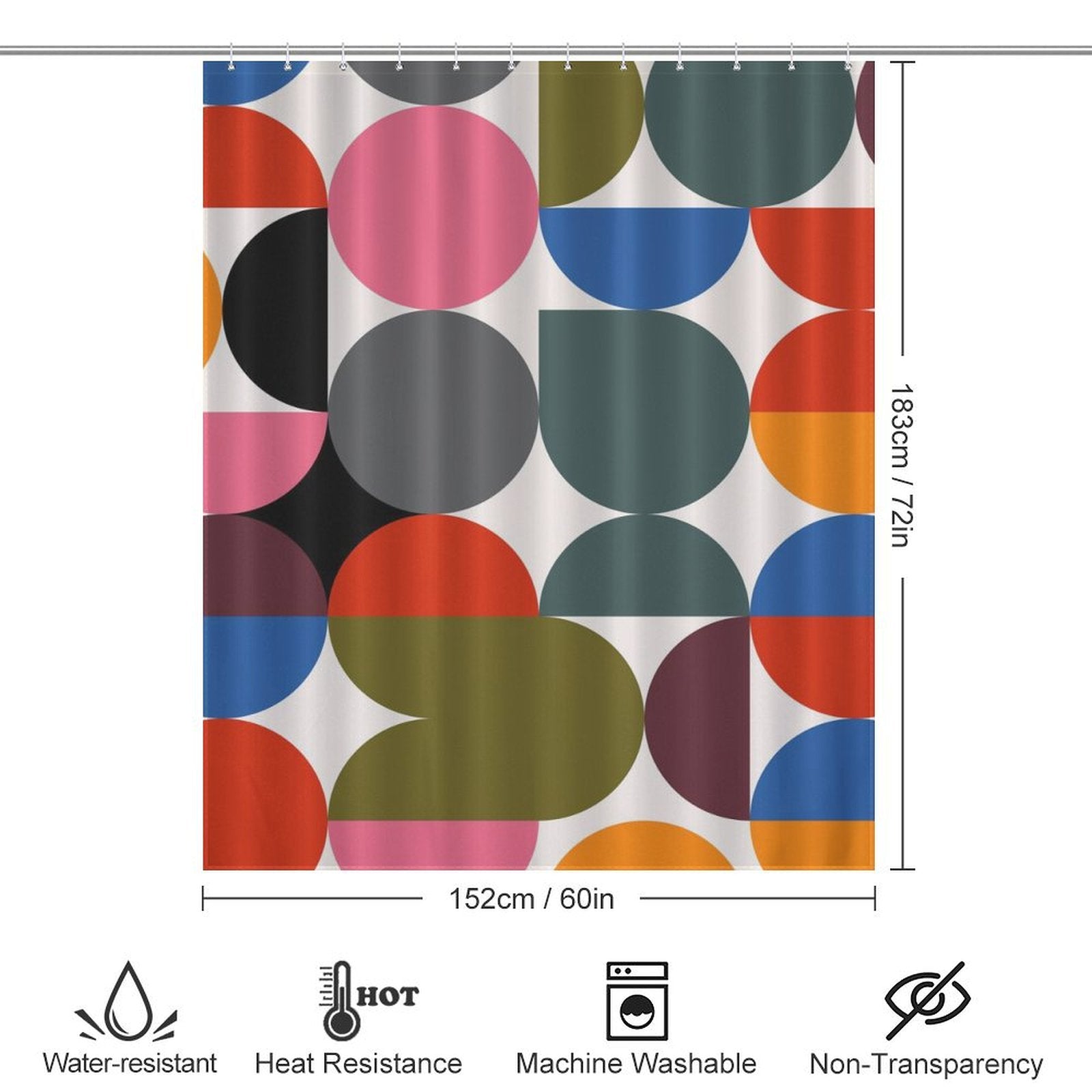 The Abstract Modern Art Rainbow Polka Dot Geometric Shower Curtain-Cottoncat by Cotton Cat has a colorful pattern and dimensions of 183cm x 152cm. Icons below indicate it is water-resistant, heat-resistant, machine washable, and not transparent. This piece combines the practicality of a shower curtain with the flair of abstract modern art.