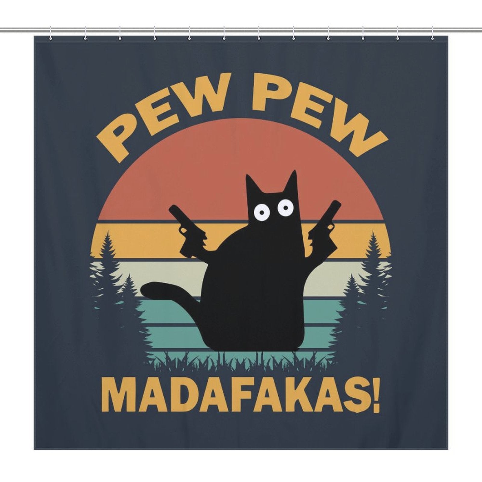 A black cat with two guns and the text "Pew Pew Madafakas!" against a retro sunset and forest background makes for a humorous **Funny Black Crazy Cat with Gun Shower Curtain-Cottoncat**, perfect for quirky bathroom decor by **Cotton Cat**.