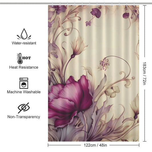 **Retro Bohemian Purple Flower Shower Curtain-Cottoncat** with purple and beige hues, measuring 183 cm x 122 cm. This retro bohemian shower curtain is water-resistant, heat-resistant, machine-washable, and non-transparent—perfect for vintage-themed bathroom decor.