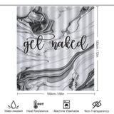 A Cotton Cat Funny Letters Black and White Marble Get Naked Shower Curtain with the phrase "get naked" written in black cursive. The dimensions are 183 cm x 168 cm. Icons at the bottom indicate water resistance, heat resistance, machine washable, and non-transparency.