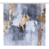 Abstract painting with a blend of grey, white, and gold brush strokes forming a textured, layered effect on the canvas, reminiscent of the Grey and Gold Watercolor Abstract Modern Art White Silver Strokes Shower Curtain-Cottoncat by Cotton Cat.
