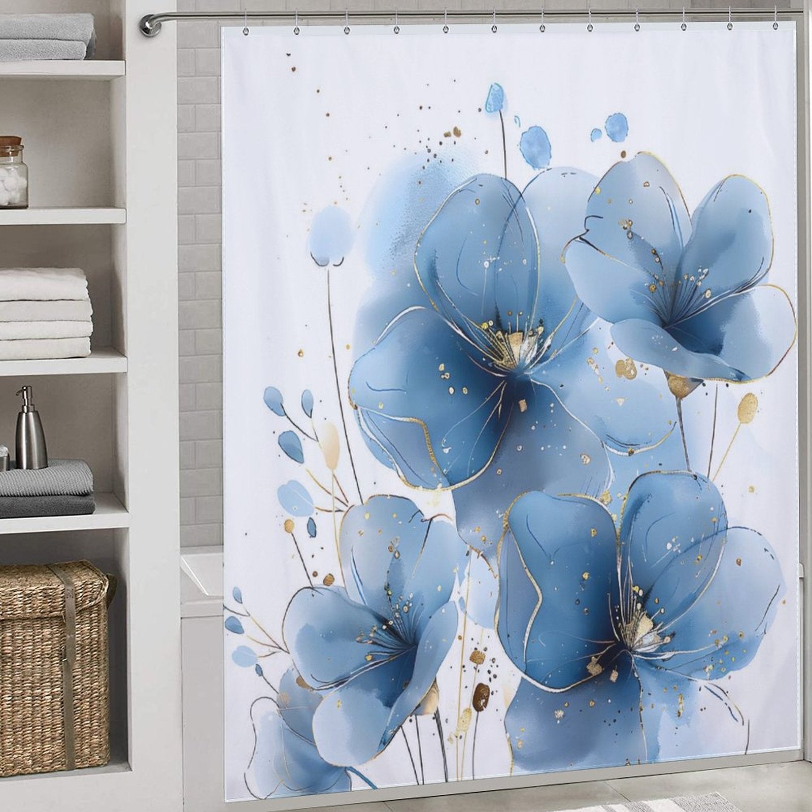 Bathroom with a Cotton Cat Abstract Modern Art Blue Flower Minimalist Watercolor Blue Floral Shower Curtain-Cottoncat, evoking a minimalist watercolor aesthetic. A shelving unit in the background holds neatly folded towels and various bathroom items.