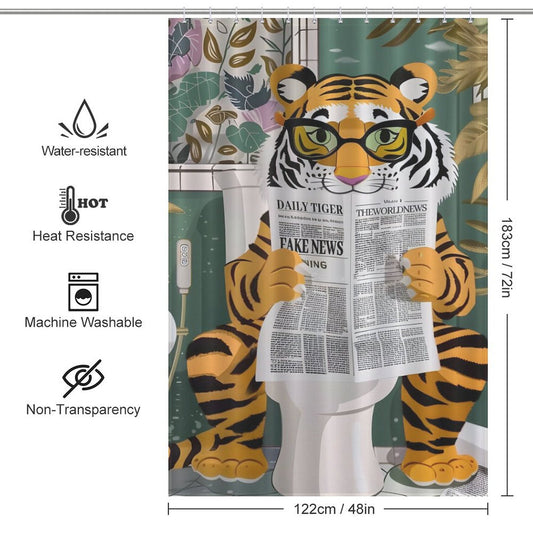 A tiger sits on a toilet, engrossed in a newspaper titled "Daily Tiger" with headlines like "Fake News" and "The World News." The unique shower curtain showcases a jungle-themed design. This whimsical bathroom decor item makes for a **Funny Cool Tiger Reading Shower Curtain-Cottoncat**. Product specs listed on the left.