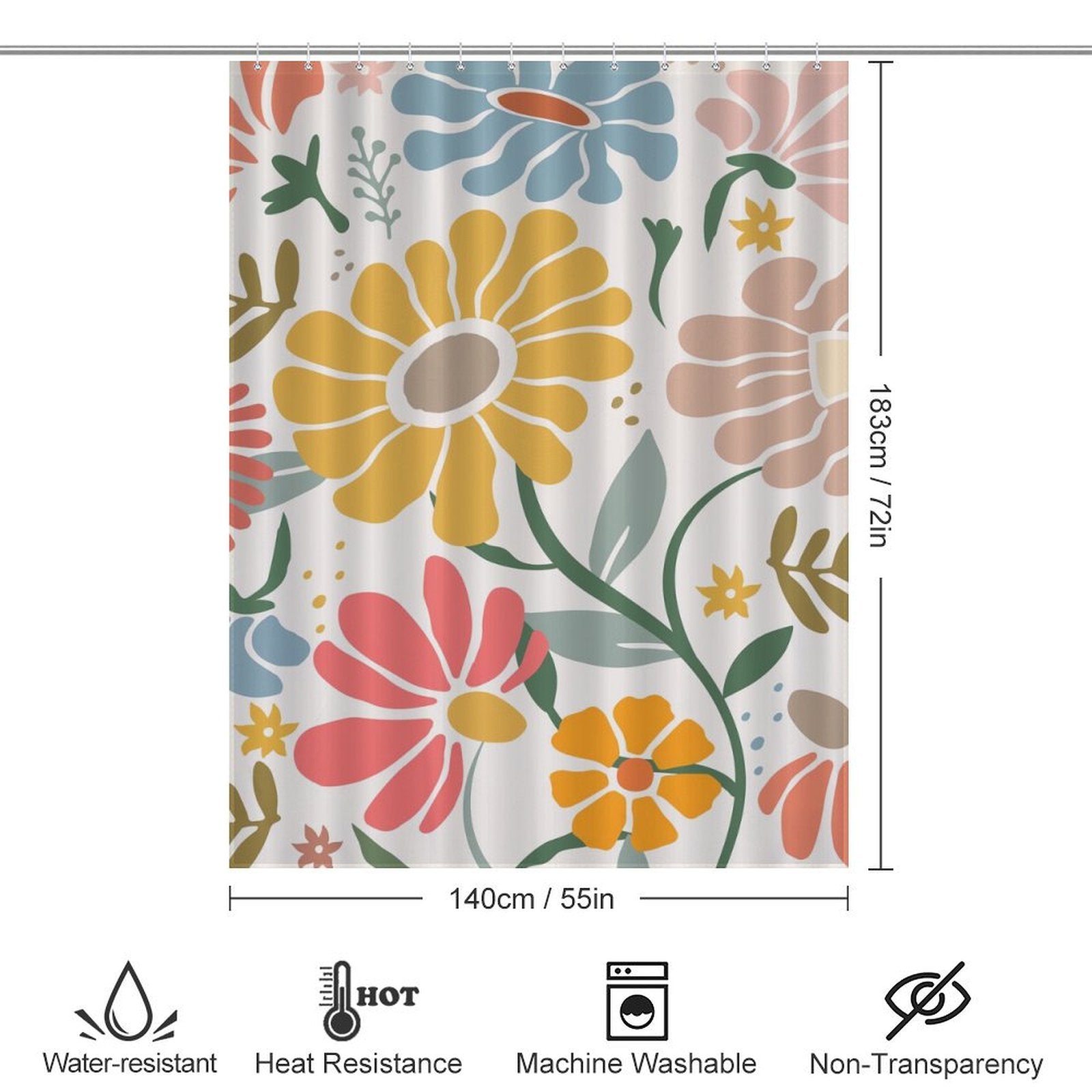 A Cotton Cat Boho Colorful Yellow Flower Leaves Minimalist Watercolor Art Painting Floral Shower Curtain-Cottoncat measuring 183cm x 140cm, featuring water-resistant, heat-resistant, machine washable, and non-transparent properties.