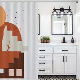 Bathroom with a white vanity, black hardware, three-light fixture, potted plant, and an artistic shower curtain featuring Boho Abstract Geometric Modern Art Leaves Sun Arch Minimalist Simple Mid Century Shower Curtain-Cottoncat by Cotton Cat.