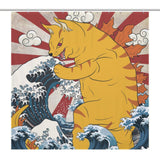 Illustration of a large, aggressive wave monster cat with sharp teeth attacking ocean waves, in a Japanese ukiyo-e art style with red sun rays and clouds in the background. Perfect as the Funny Wave Monster Cat Shower Curtain-Cottoncat by Cotton Cat.