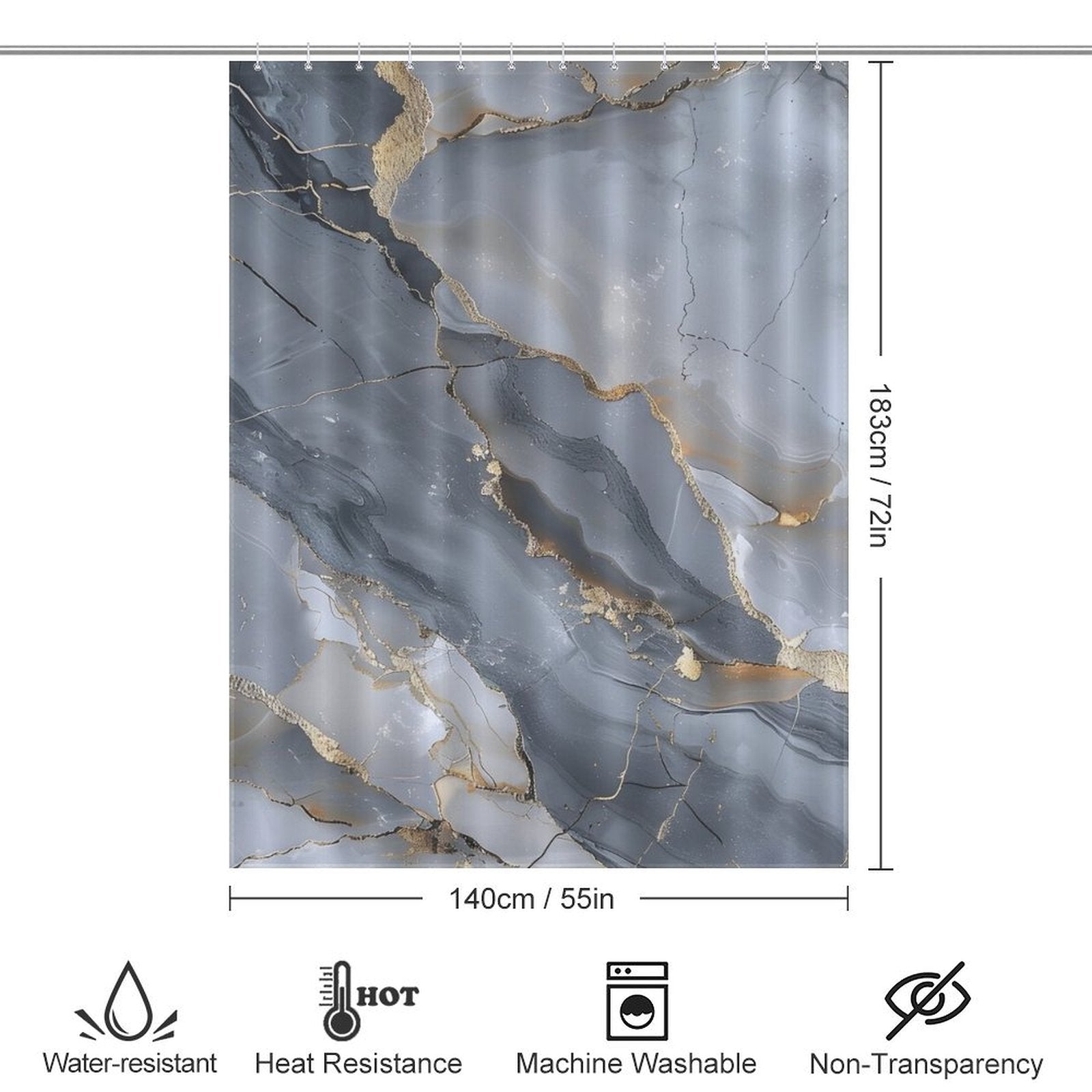 The Cotton Cat Gray Gold Stripe Abstract Marble Texture Art Shower Curtain-Cottoncat, measuring 183 cm by 140 cm, features an abstract marble texture and is water-resistant, heat-resistant, machine washable, and non-transparent.