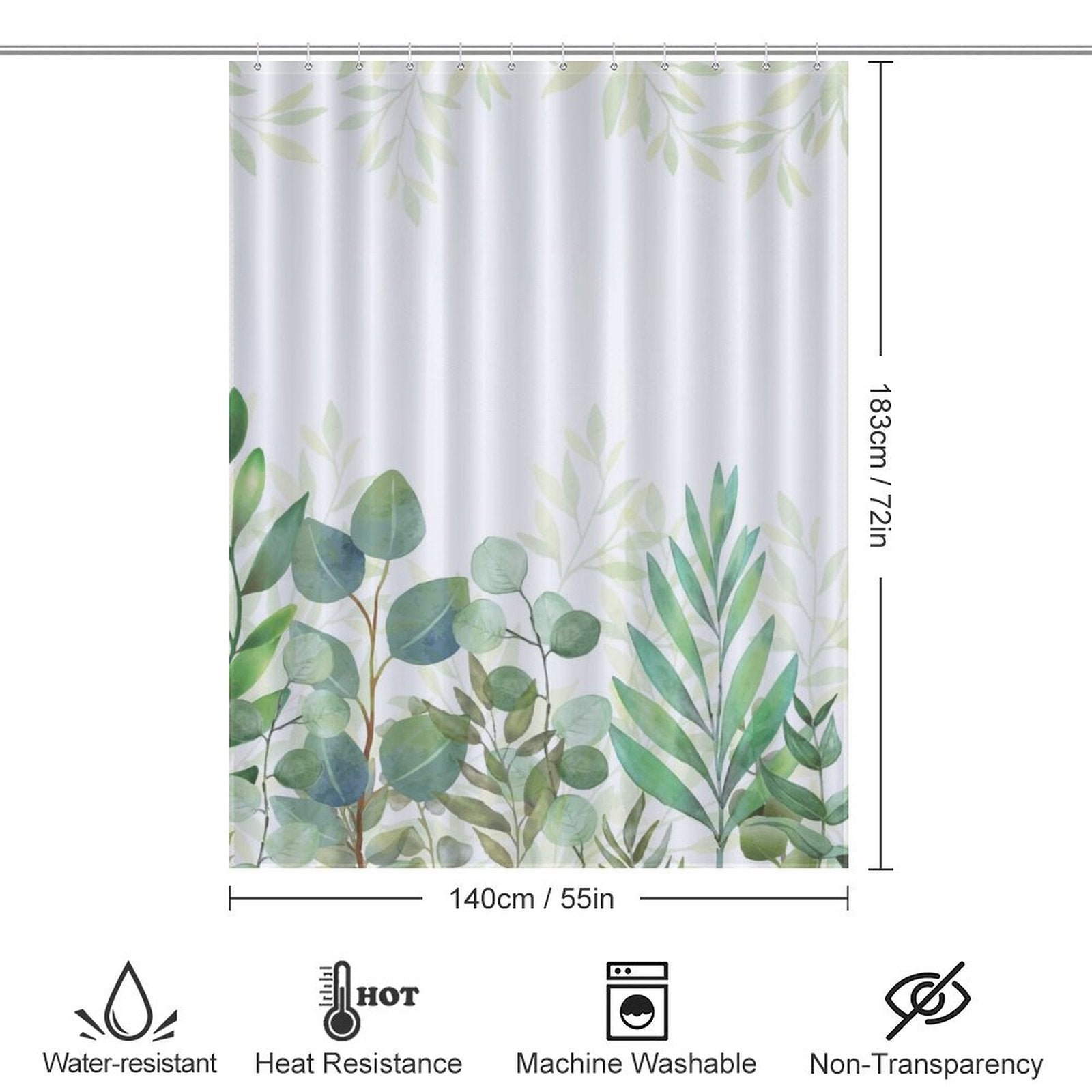 A Cotton Cat Natural Modern Ombre Sage Green White Leaf Shower Curtain-Cottoncat with sage green and white leaf patterns, measuring 183cm by 140cm. Made of polyester fabric, it features water resistance, heat resistance, machine washability, and non-transparency.