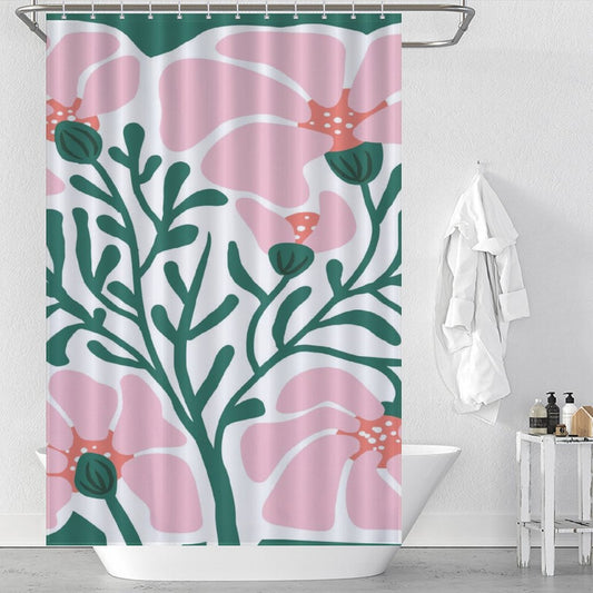 Retro Geometric Abstract Pink Green Flower Shower Curtain-Cottoncat by Cotton Cat hanging in an artistic-themed bathroom above a white bathtub. Towels hang nearby, and toiletries are placed on the edge of the tub.