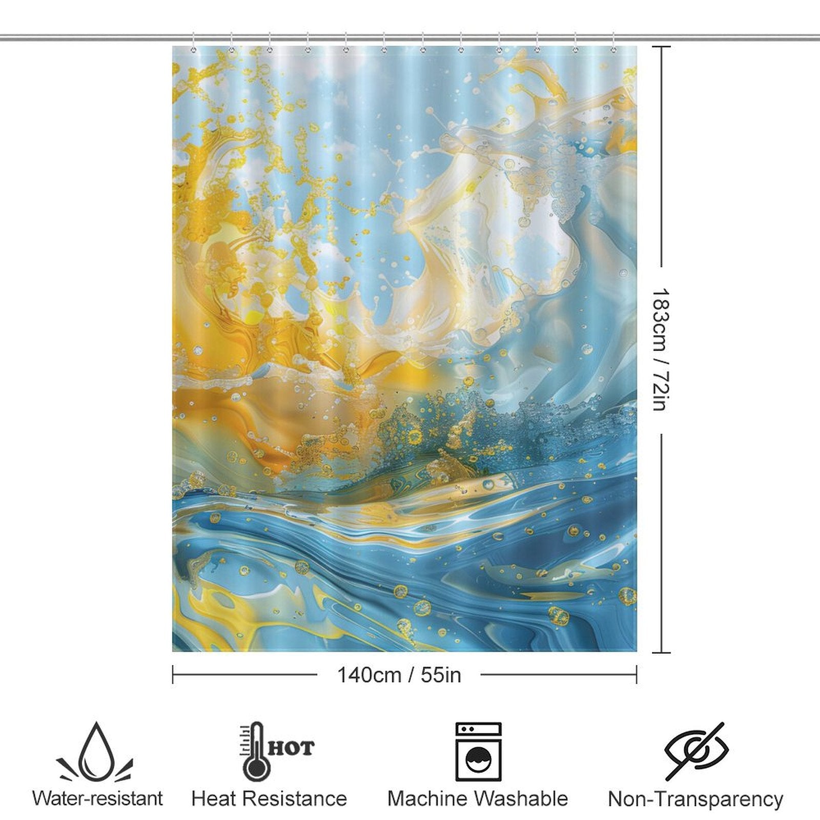An Abstract Yellow and Blue Wave Ocean Watercolor Shower Curtain-Cottoncat featuring an abstract blue and yellow design is shown. The dimensions are 183 cm by 140 cm. Icons indicate it is water-resistant, heat-resistant, machine washable, and non-transparent—perfect for enhancing your bathroom decor.