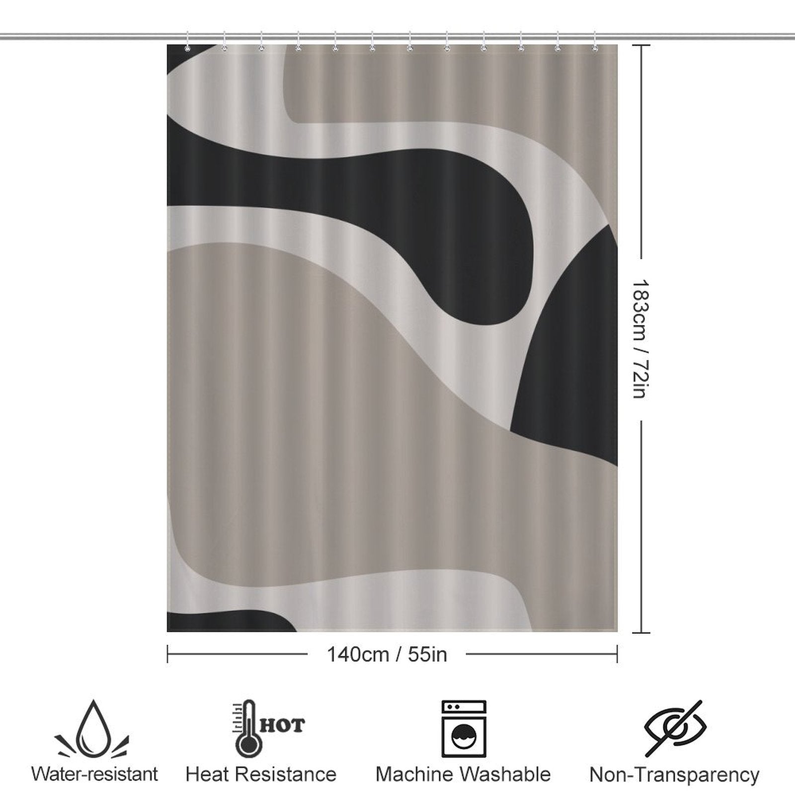A Cotton Cat Modern Geometric Art Minimalist Curve Beige Black and Grey Abstract Shower Curtain measuring 140 cm by 183 cm. It is water-resistant, heat-resistant, machine washable, and non-transparent—perfect for adding a touch of modern geometric art to your bathroom decor.