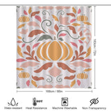 The Boho Fall Pumpkins Pink Floral Shower Curtain-Cottoncat showcases an autumn-themed design with pumpkins and leaves. Measuring 183cm by 168cm, this Autumn Bathroom Accessory is water-resistant, heat-resistant, machine washable, and non-transparent—perfect for a cozy seasonal touch.