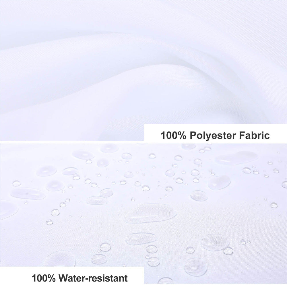 Image showing white fabric labeled "100% Polyester Fabric" and "100% Water-resistant" with water droplets on the material below, perfect for a Purple Abstract Modern Boho Geometric Art Minimalist Shower Curtain by Cotton Cat in your Minimalist Bathroom Decor.