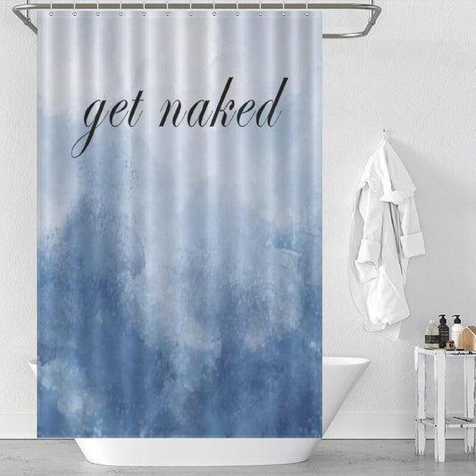 A Funny Letters Abstract Blue Get Naked Shower Curtain-Cottoncat from Cotton Cat with an abstract blue gradient design and the words "get naked" in funny letters. A white bathrobe hangs on a wall hook, while toiletries are neatly placed on the edge of the bathtub.