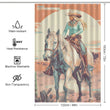 A *Rustic Sunrise Western Cowgirl Shower Curtain-Cottoncat* featuring a Western Cowgirl riding a horse in a desert setting under a Rustic Sunrise. The curtain is water-resistant, heat resistant, machine washable, and non-transparent. Size: 122cm x 183cm by *Cotton Cat*.