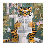 A cartoon tiger, sitting on the toilet, reads a newspaper titled "DAILY TIGER." The humorous bathroom decor features plant-themed wallpaper and the Funny Cool Tiger Reading Shower Curtain-Cottoncat with a leafy design made of waterproof fabric from Cotton Cat.