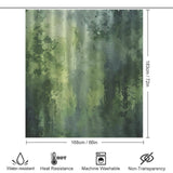 The Olive Green Emerald Green Plant Patterns Abstract Shower Curtain-Cottoncat features abstract designs, highlighted with icons for water resistance, heat resistance, machine washability, and non-transparency. Dimensions are 183cm (72in) by 168cm (66in), offering both functionality and aesthetic appeal to your bathroom decor.

