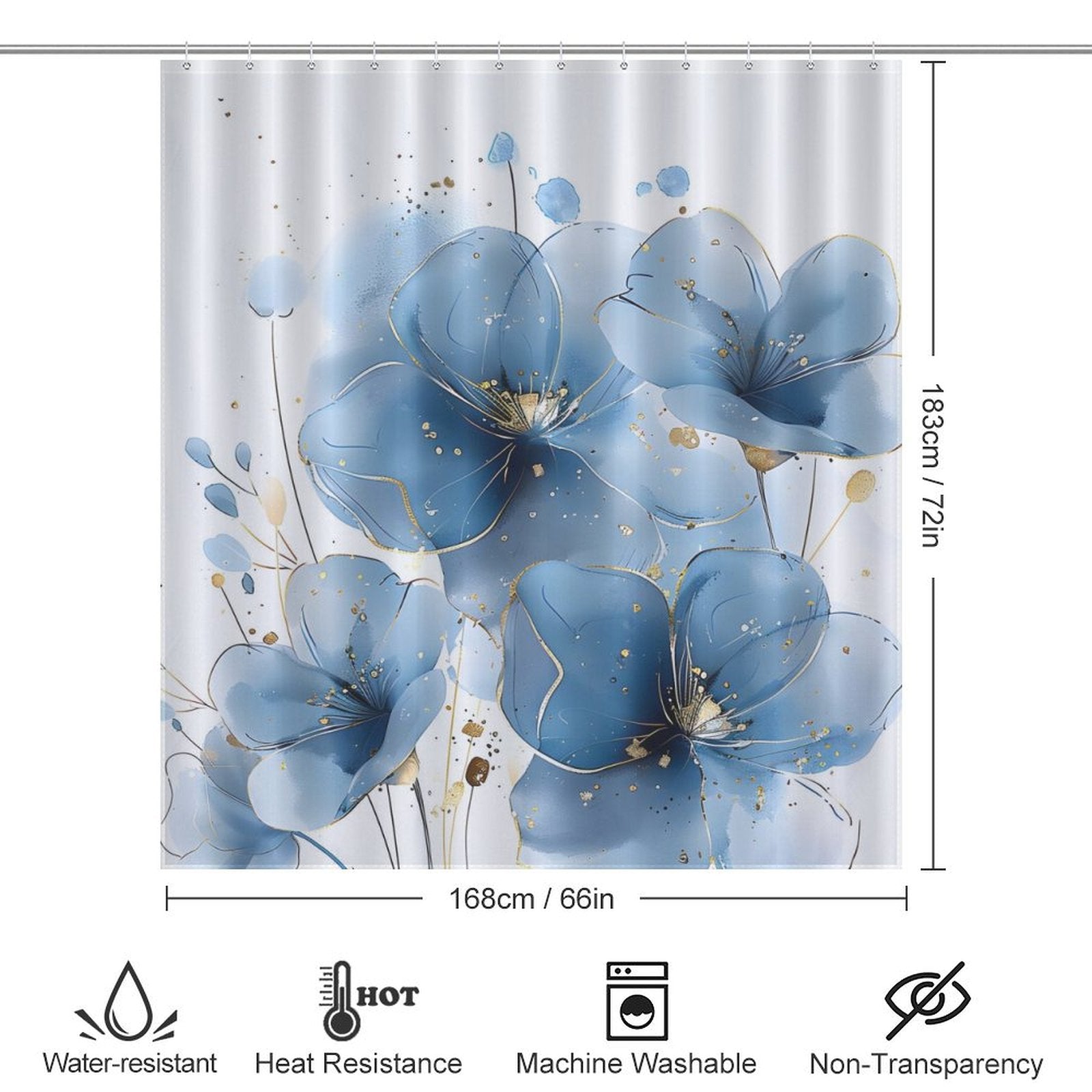 A minimalist watercolor blue floral shower curtain, the Abstract Modern Art Blue Flower Minimalist Watercolor Blue Floral Shower Curtain-Cottoncat by Cotton Cat, measuring 66 inches by 72 inches, boasts water-resistant, heat-resistant, machine washable, and non-transparency features.