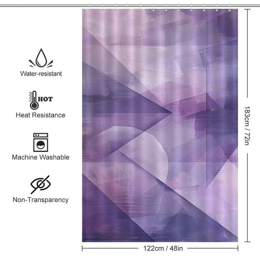 Purple Abstract Modern Boho Geometric Art Minimalist Shower Curtain-Cottoncat by Cotton Cat with dimensions 183 cm x 122 cm (72 in x 48 in). This modern boho shower curtain features water resistance, heat resistance, machine washability, and non-transparency.
