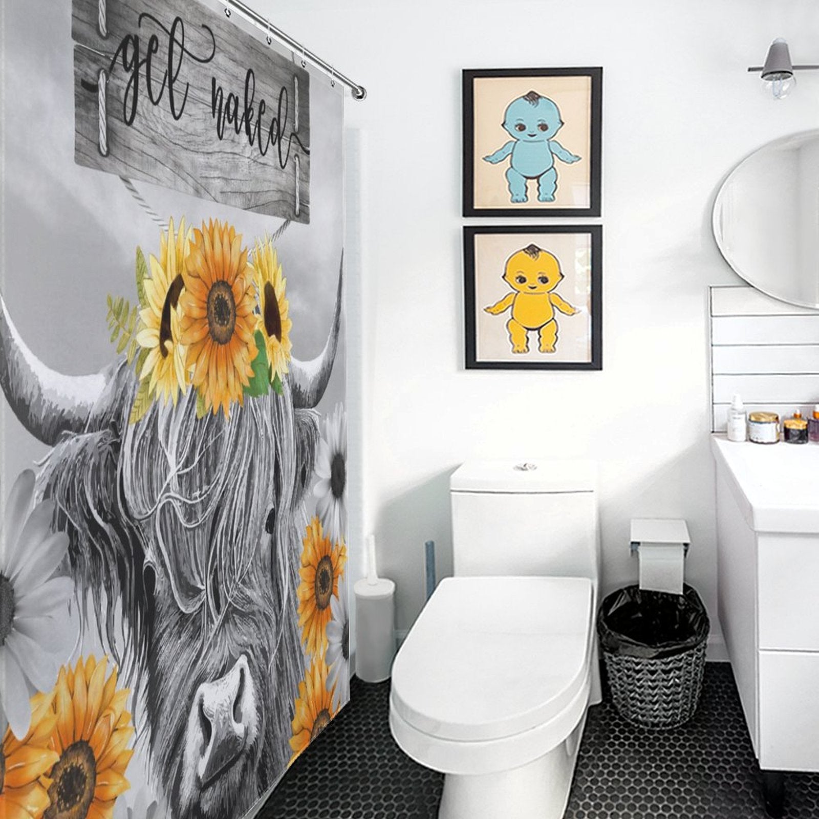 Bathroom with a toilet, sink, and a Highland Cow Black and White Funny Letters Sunflower Get Naked Shower Curtain-Cottoncat by Cotton Cat. There are two framed posters of cartoonish animals on the wall above the toilet, adding to the whimsical bathroom decor.