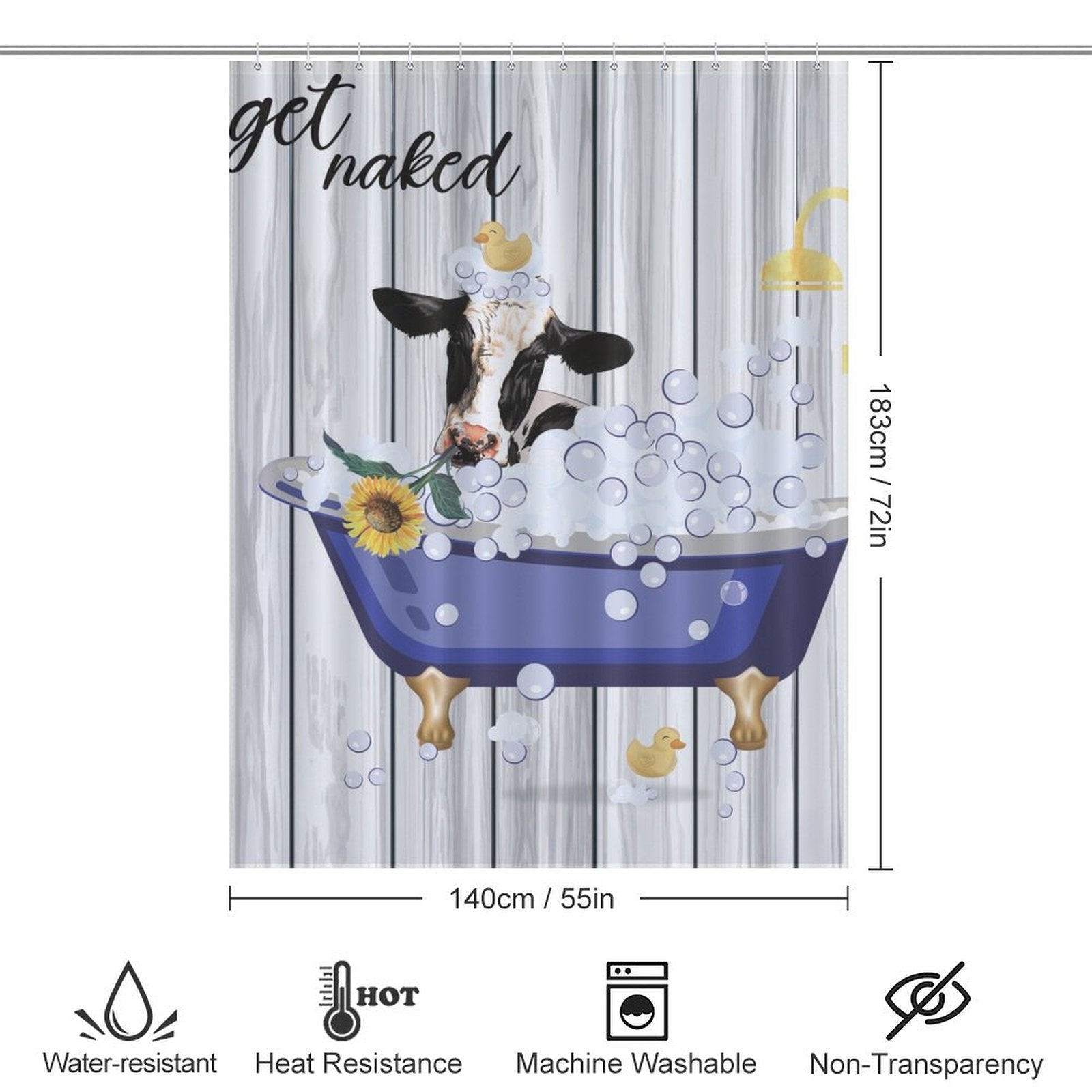 Funny Cow Sunflowers Get Naked Shower Curtain-Cottoncat by Cotton Cat featuring a cow in a bathtub with bubbles, rubber ducks, and sunflowers. The text "get naked" is printed at the top. Dimensions are 183 cm by 140 cm. Water-resistant and machine washable for easy care.